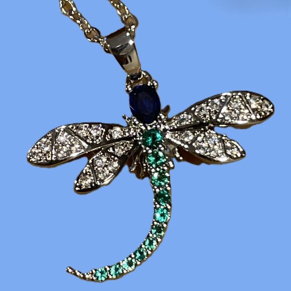 Dragonfly Insect Blue Green and CZ Silver Fashion Pendant Necklace NWOT - Picture 12 of 13